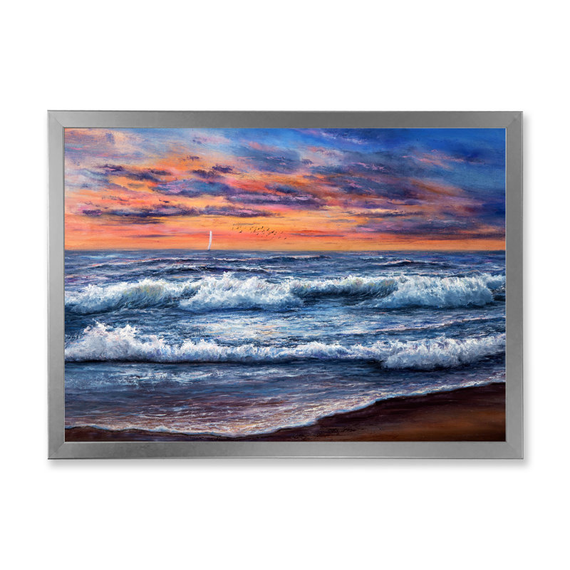 Coucher de soleil sur l'océan bleu II - peinture sur toile, Encadrement argenté, H 24 po x l 32 po x P 1 po