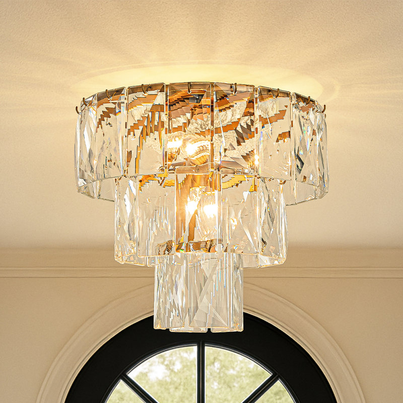 18'' 4-light Mid-century Modern Glam Antique Gold Crystal Tiered Flush Mount Luxury Ceiling Light For Foyer And Entryway