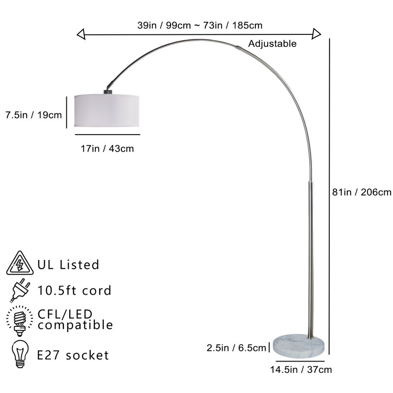 Grande lampe sur pied arquée blanche de 81 po avec base en marbre | Idée cadeau