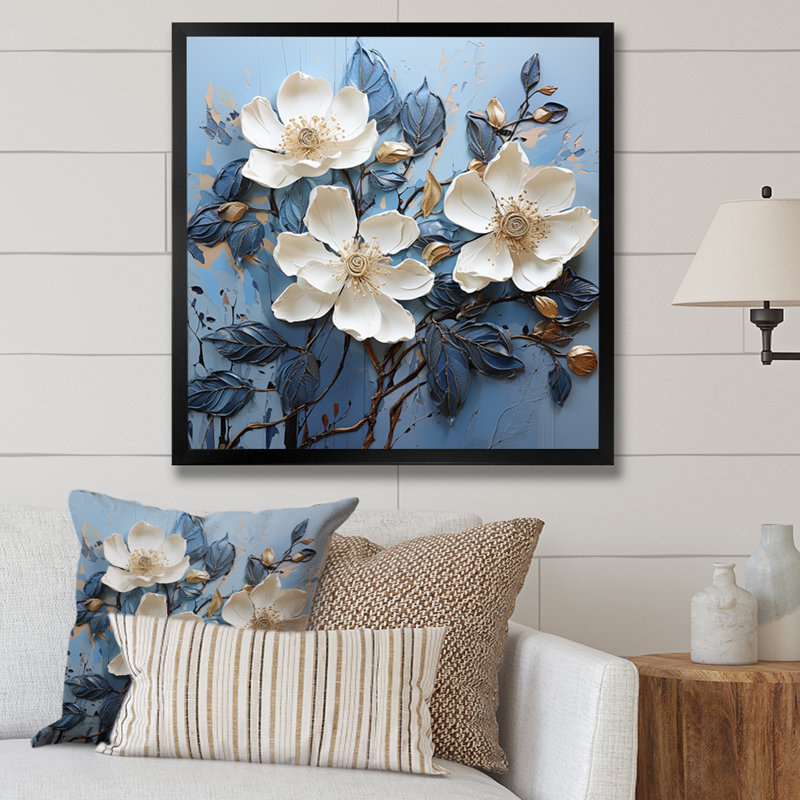 «Magnolia Blooming II» bleu et blanc sur toile, H 36 po x l 36 po x P 1,5 po, Cadre simple noir