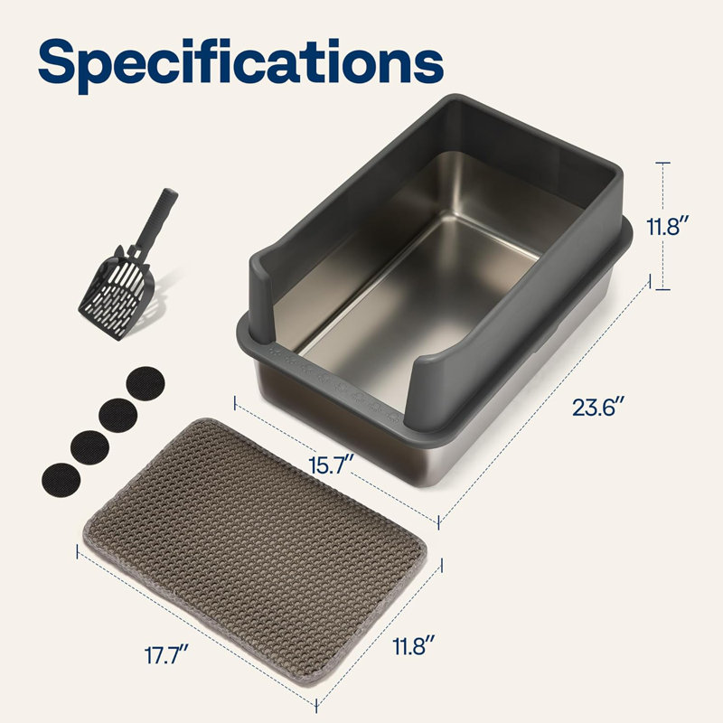 Extra Large Stainless Steel Cat Litter Box with Lid, Litter Mat and Scoop, Dark Gray