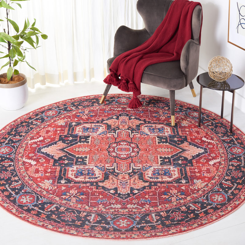 Tapis oriental rouge / bleu en jute / coton tissé à la machine, Rond 6 pi 7 po