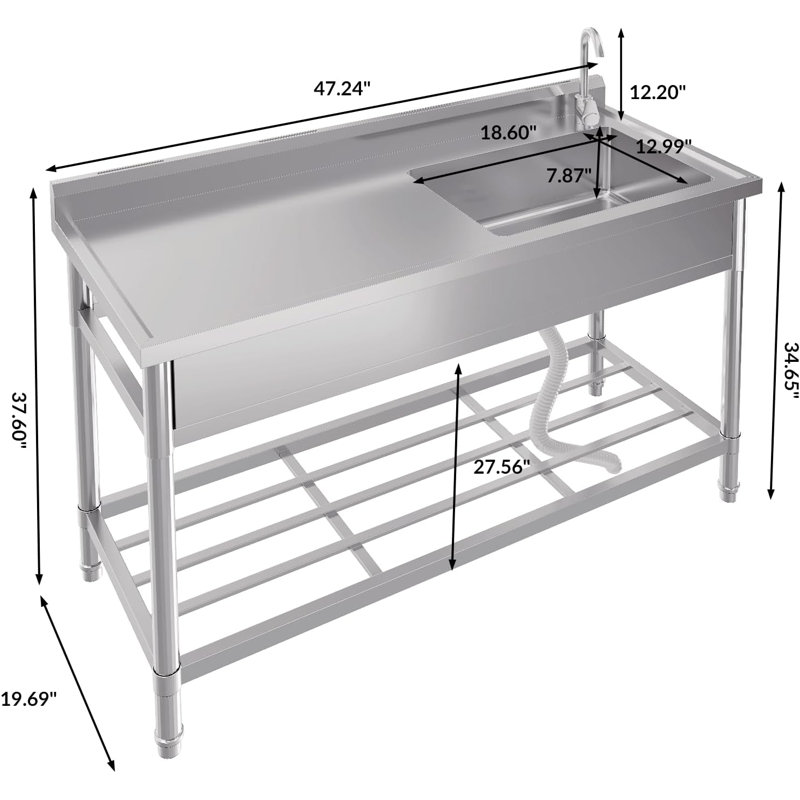 Stainless Steel Utility Sink 47" with Workbench, Storage Rack, Cold/Hot Water Pipe, Free Standing Single Bowl Kitchen Sink with Faucet, Legs for Garage, Outdoor Garden, Backyard, Restaurant, Industry