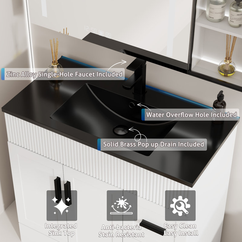 36" Single Bathroom Vanity With Black Sink Top, Faucet And Drain, Hand Painted
