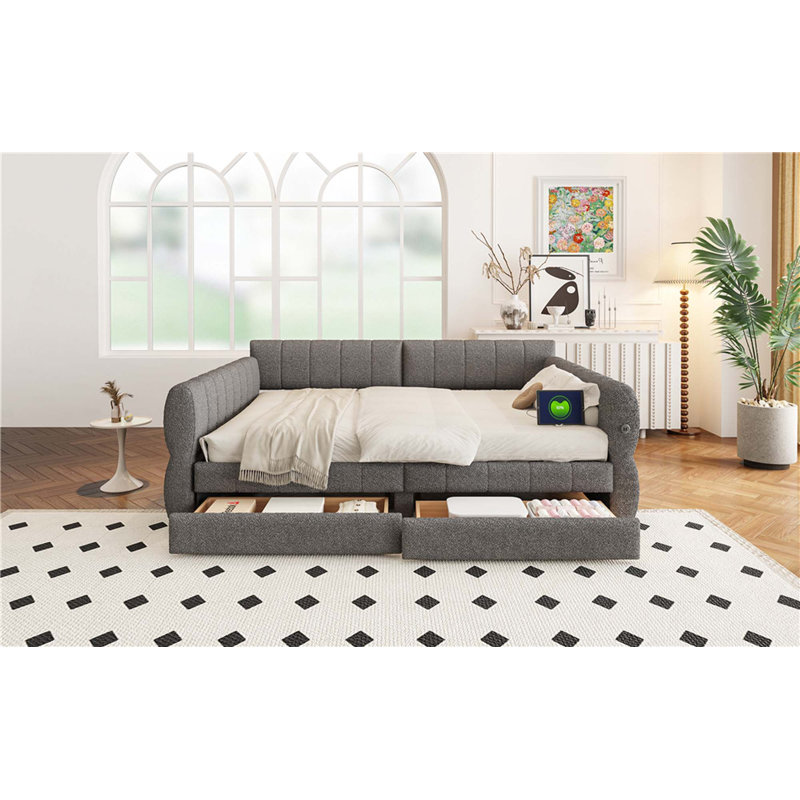Grand lit plateforme tapissier avec port USB et 2 tiroirs, Gris
