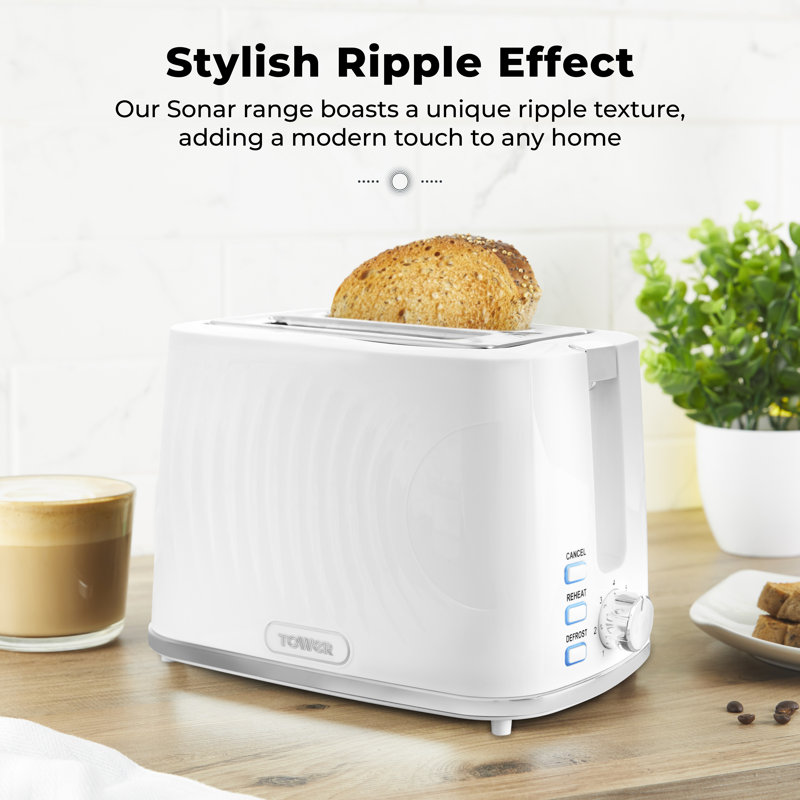 Tower Sonar 2-Slice Toaster with 7 Browning Levels, Defrost, Reheat & Cancel Settings, Removable Crumb Tray, 900W, White,T20090WHT