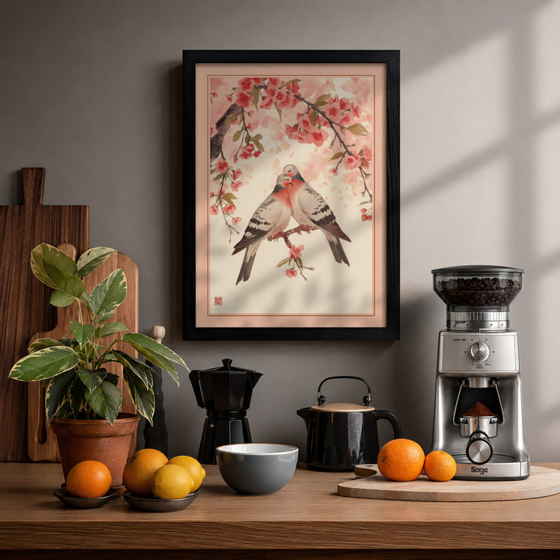 Perched in Blossom Japandi - Framed Print, A2 - 59.4 x 42.0 cm, Black