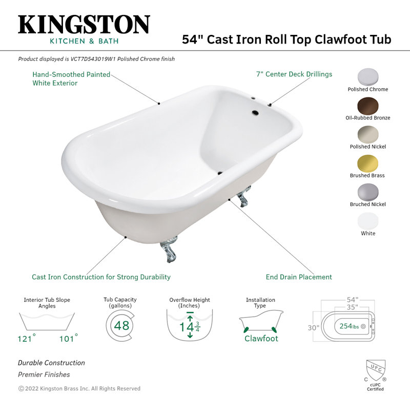 Baignoire à pattes en forme de D 48 po Kingston, Blanc