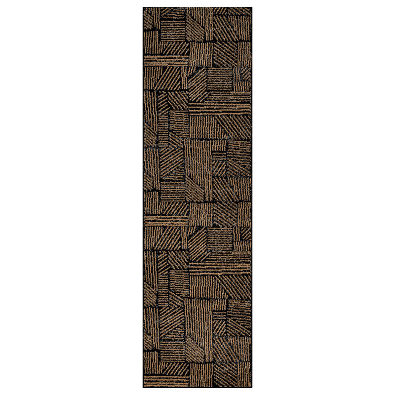 Rambo Geometric Black/Ivory Area Rug, Runner 2' x 7', Camel