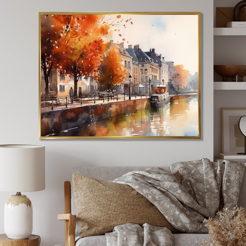 Lorenzia " Waterfront Cityscape I ", 16" H x 32" W x 1" D, Gold Floater Framed