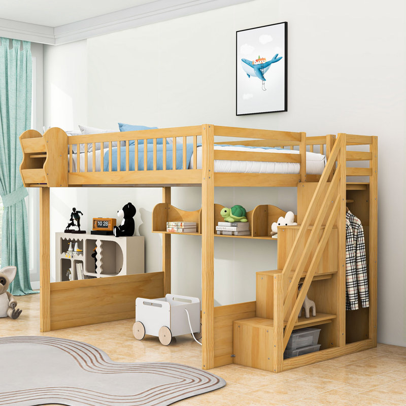 Queen Wood Loft Bed With Wardrobe, Storage Shelves And Stairs, Natural