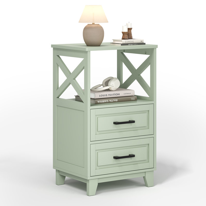 30" Tall Nightstand Modern Painted Wood Bedside Table With 2 Drawers And Open Shelf, Green