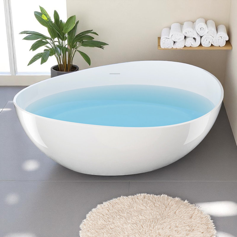 63"X37.5" Solid Surface Stone Resin Freestanding Soaking Bathtub, Glossy White