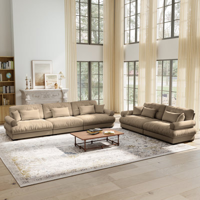 2-Piece Velvet 5-Seat Living Room Set with Deep Cushions, Bolster Arms and Accent Pillows, Warm Taupe