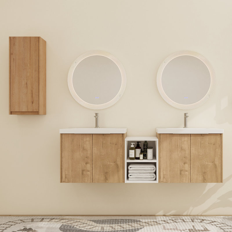 Meuble-lavabo mural double 60 po avec comptoir en résine et armoire d'appoint Eskar, 60"