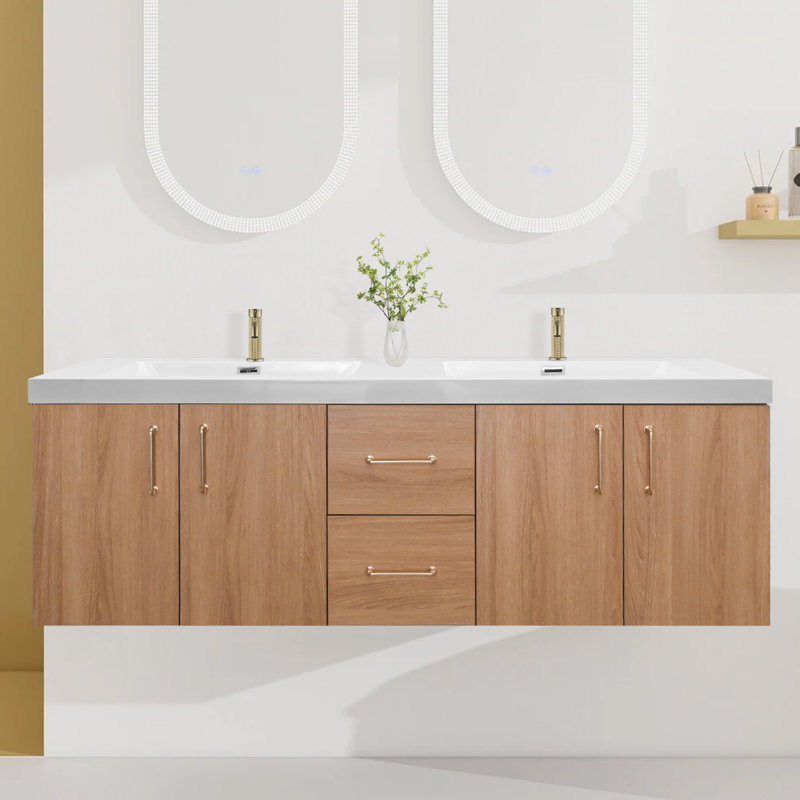 Meuble-lavabo double avec comptoir double blanc, 60"