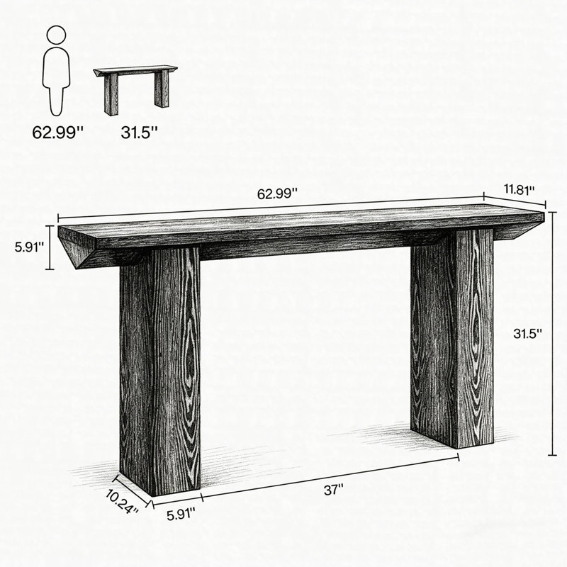 Console de 63 po en bois, canapé-lit long derrière le canapé, table de couloir d'entrée moderne avec structure en panneau de fibres à densité moyenne épaissie et conception latérale géométrique