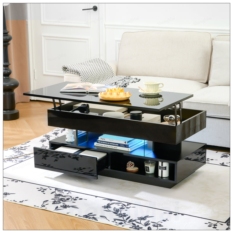 Table basse à plateau relevable avec compartiment caché, 2 tiroirs de rangement et lumières DEL réglables, mobilier de salon multifonctionnel moderne