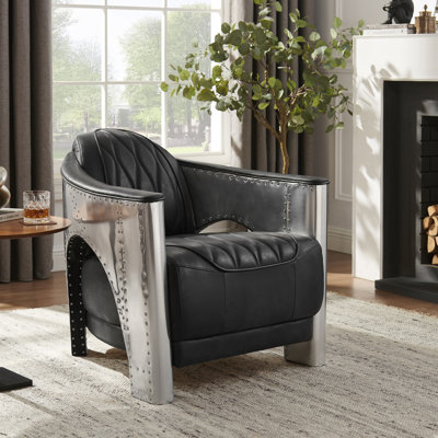 Aviator Tufted Full-Grain Genuine Leather Accent Arm Chair with Industrial Aluminum Riveted