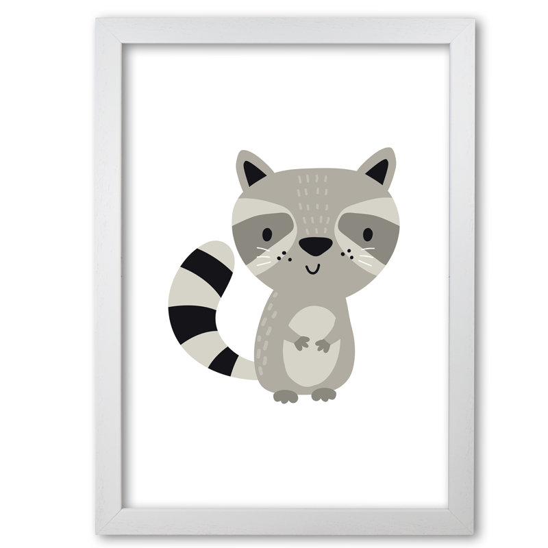 Children's Animals, Raccoon - Print, 85 cm H x 60 cm W x 5 cm D, White Grain Frame