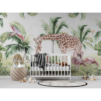 Green Peel and Stick Wallpaper Mural for Kids Room, Forst Tropical Wall Mural, Removable Nursery Wallpaper, Green Animals Wall Décor