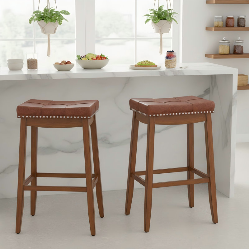 29" Bar Height Bar Stools Set of 2, Backless Saddle Bar Stools with Faux Leather Seat, 29"