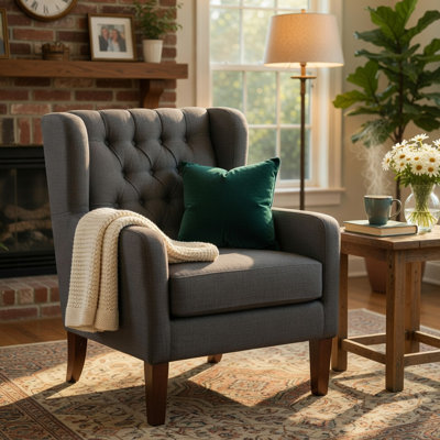 Fauteuil d'appoint à oreilles Russ, rembourrage en mousse, polyester gris foncé touffeté