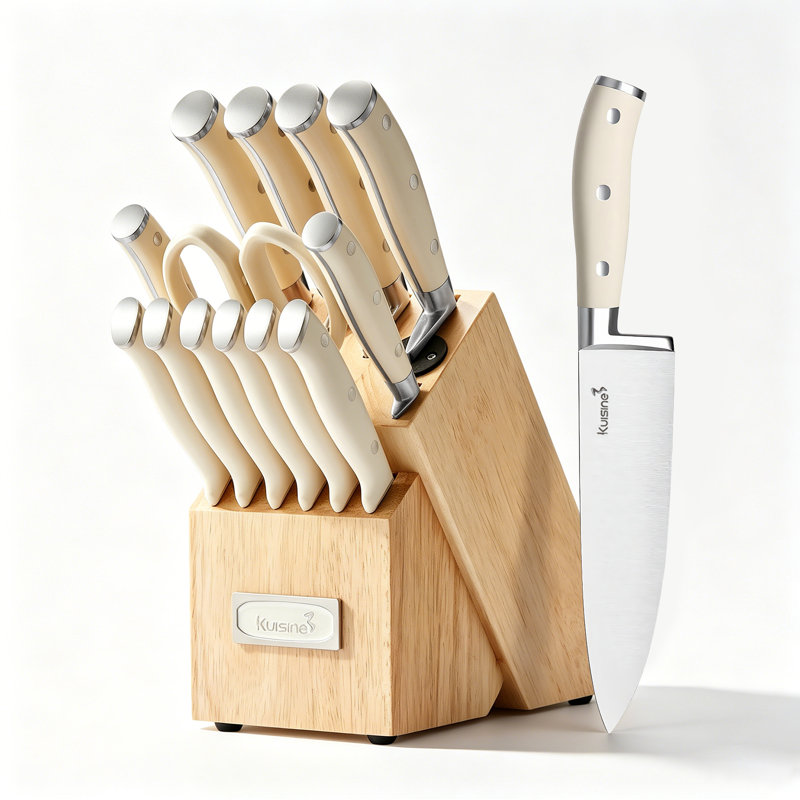 Kuisine 15-Piece High Carbon Stainless Steel Knife Block Set,Ivory ABS Handle Chef Knife Set,Built-In Sharpener Knife Holder,Steak Knife Set