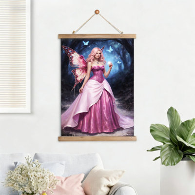 Pink Winged Forest Fairy, Hanging Scroll Wall Art, Built-In Wooden Hanger, 16 X 24