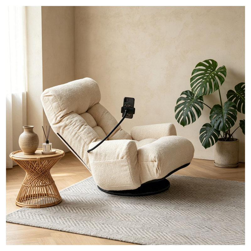 Chaise longue réglable en métal avec base pivotante à 360 degrés et inclinaison à 5 positions, blanc beige