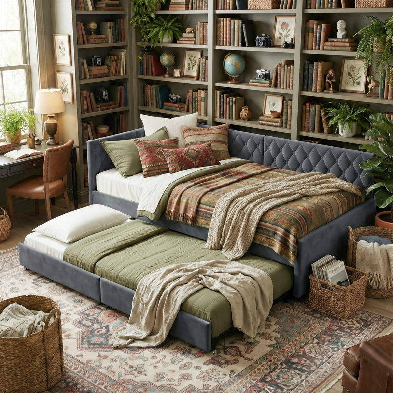 Velvet Corner Daybed With Trundle, Upholstered Guest Sofa Bed With Button Tufting, European Single (90X200cm) (Mattress Not Included)