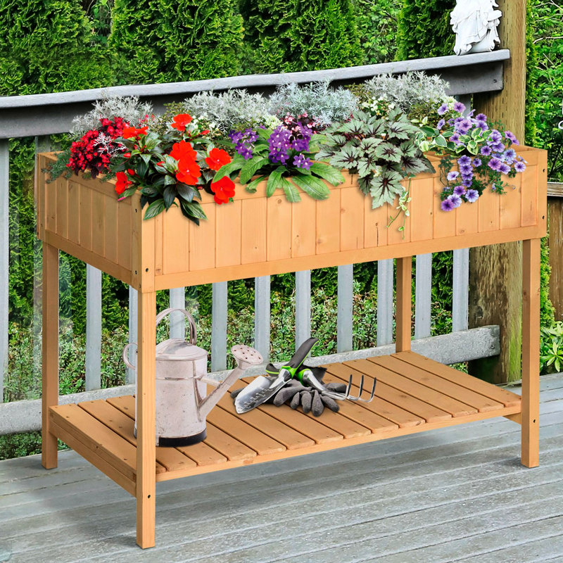 Lit surélevé en bois de 43 po x 18 po x 30 po avec 8 compartiments et une tablette - Herbes fraîches pour vous