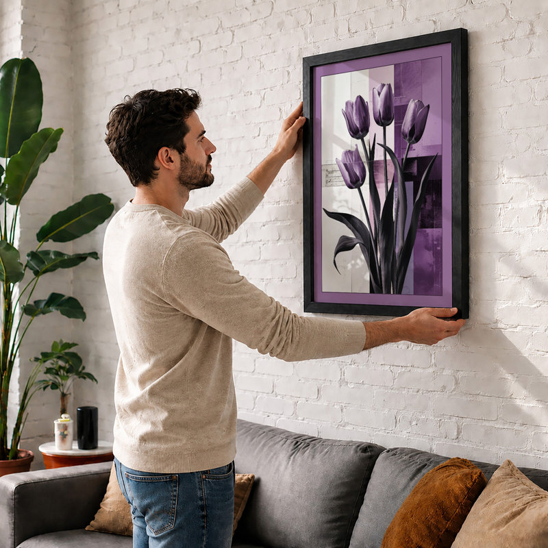 Dark Tulip Bouquet Botanical - Framed Print, A4 - 29.7 x 21.0 cm, Oak