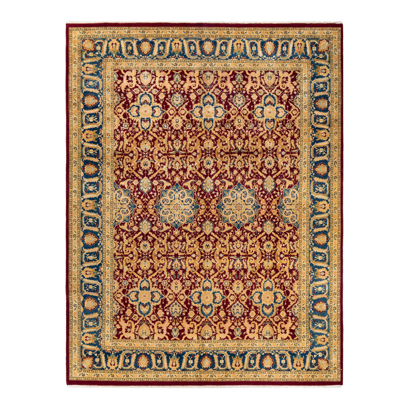 Tapis rouge / bleu / jaune en laine noué à la main de conception unique 9 pi 2 po x 11 pi 10 po Keenan