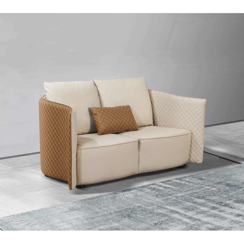 3 Pieces Makassar Sofa Set Lite Grey & Taupe Italian Leather, Off White/Orange Genuine Leather