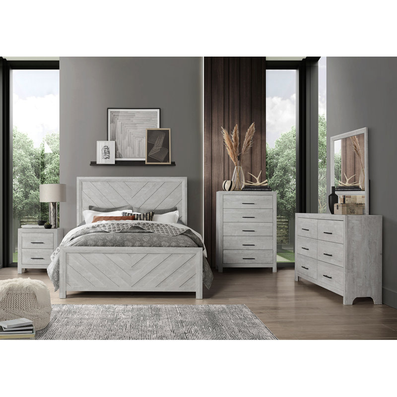 Ensemble de chambre avec grand lit 5 pièces DENVER, Naturel, Cinq pièces : lit, commode, miroir, table de chev, Grand