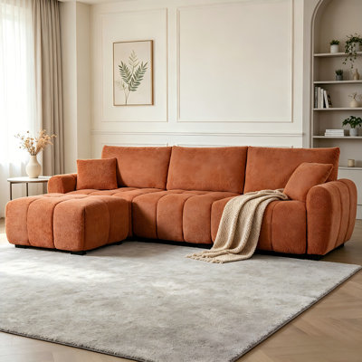 Canapé d'angle modulaire de 110 po avec coussin à tirette et pouf amovible, tissu bouclé