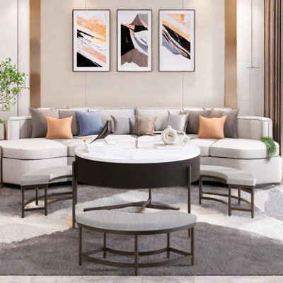 Table basse moderne pliante avec 4 tabourets, 2 tiroirs et un espace de rangement caché 