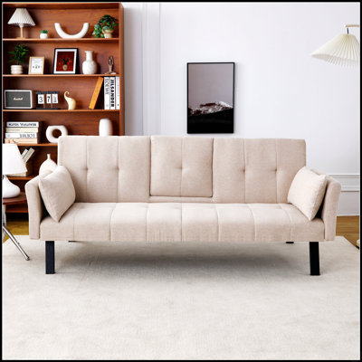 Versatile Cotton Linen Convertible Sofa Bed with Cup Holder and Side Storage for Compact Living Spaces