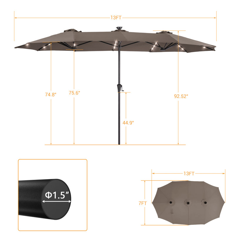 Grand parasol de marché extérieur DEL rectangulaire à double face DEL, H 7 pi 7 po x l 13 pi x P 7 pi, Taupe