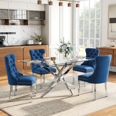 Gottwald 5-Piece Glass Dining Table Set Dining Set, X-Shaped Stainless Steel Base and 4 Velvet Tufted Upholstered Chairs for Dining Rooms, Living Spaces