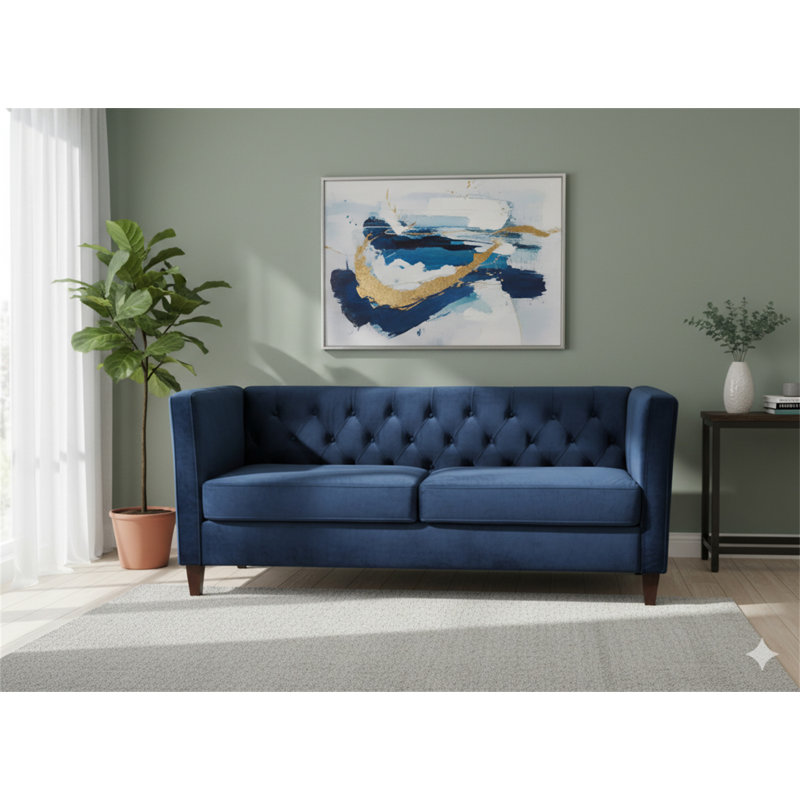 Canapé 3 places en velours capitonné, Polyester bleu foncé