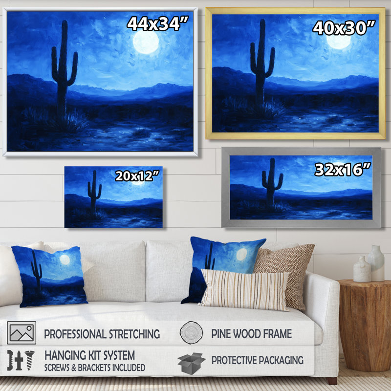 Cactus sous le désert, étoiles bleues II - cactus, art mural, H 30 po x l 40 po, Toile tendue, Ne s’applique pas