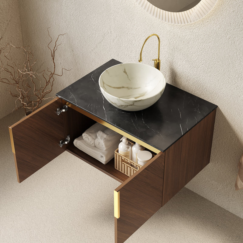 ARAI 30" Bathroom Vanity & Sink, Floating Plywood Bathroom Storage Cabinet With Double Doors, Black Sintered Stone Countertop & White Bowl Ceramic Basin With Stone Pattern