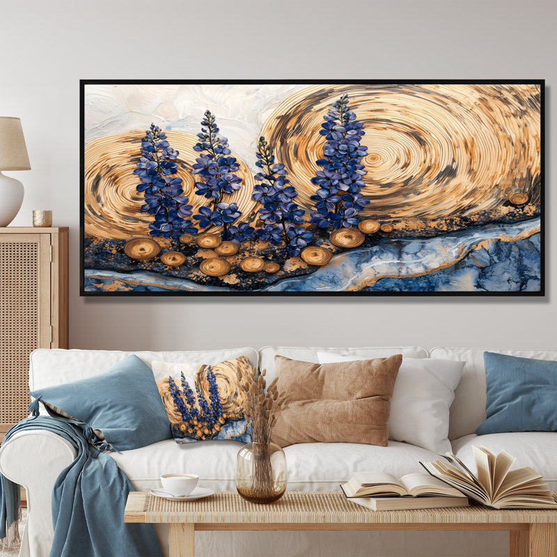 «Blue Bonnets Flowers On A Wood Slide Landscape IV - Blue Bonnets», art mural, H 28 po x l 60 po, Cadre flottant