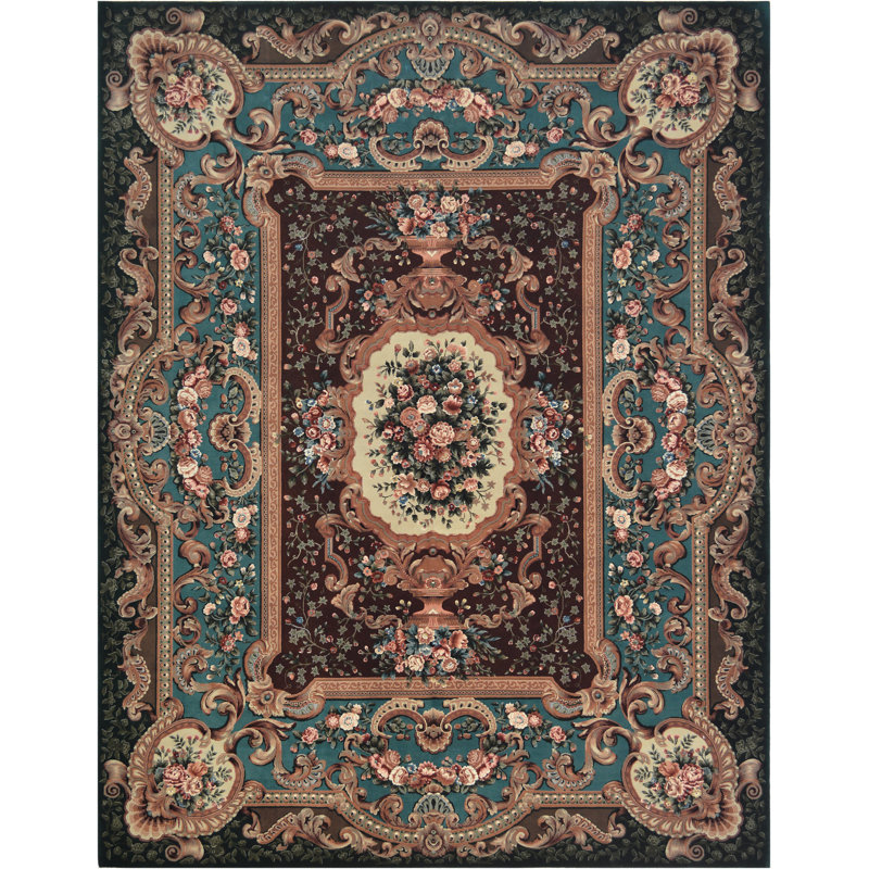 Savonnerie Wool Oriental Area Rug in Forest Green