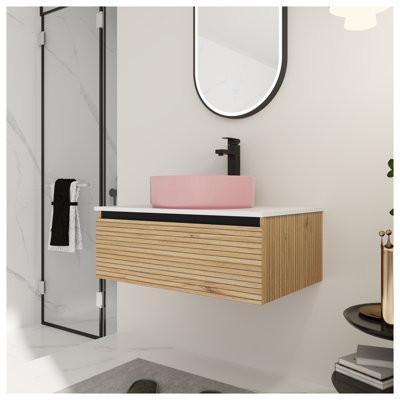 30-Inch Wall-Mounted Bathroom Vanity with Light Coffee Finish and Pink Ceramic Sink