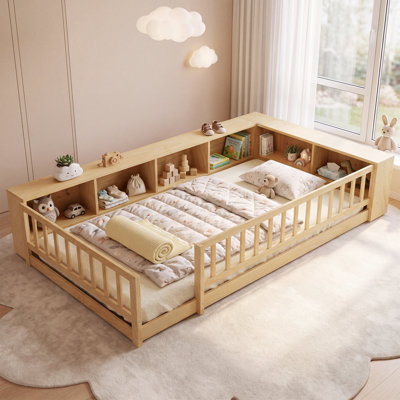 Lit simple Montessori avec bibliothèque, base de lit pour enfant en bois de pin massif avec rails de sécurité et entrée de plain-pied, lit pour tout-petits Play & Sleep, bois naturel
