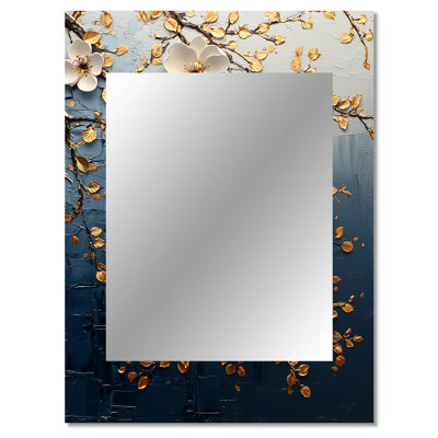 Gold Blue Tones Cherry Blossom Branch IV - Cherry Blossom Wall Mirror, Traditional Decorative Mirror, Printed Metal Art