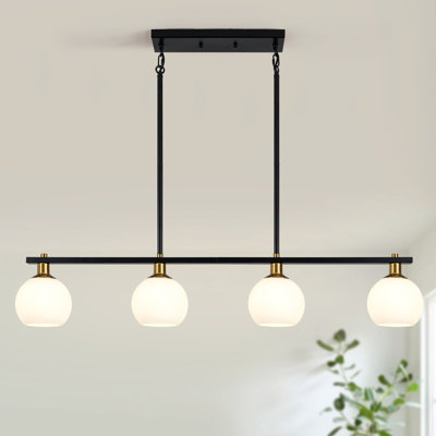 Wilbourn 4 - Light 43.7'' Black/gold Mid Century Modern Globe Pendant Light Globe Pendant Lights Fixtures With Milk Glass Globe Shades For High Ceiling Living Dining Room Foyer Bedroom